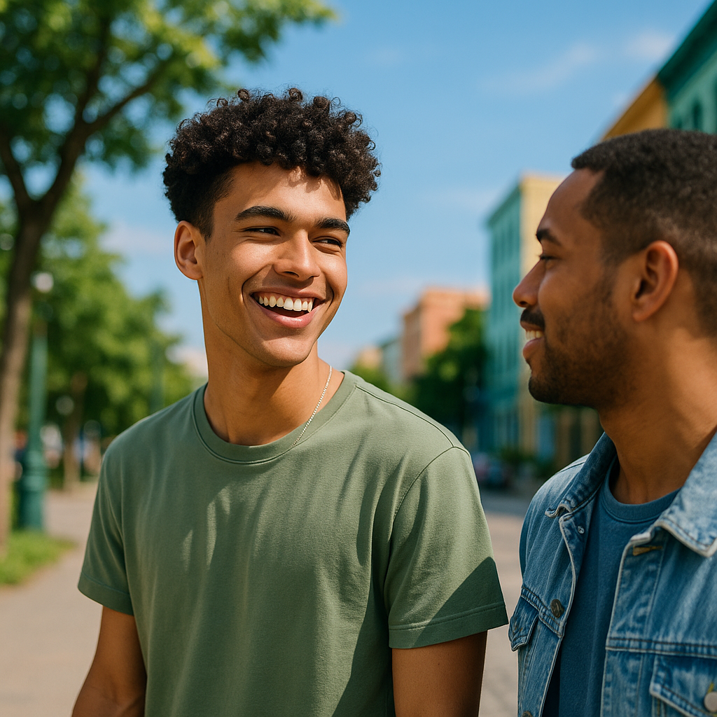 Dentes Tortos: Conheça os 3 Tipos Mais Comuns e Suas Correções em cena natural de jovem adulto sorrindo com confiança em ambiente urbano