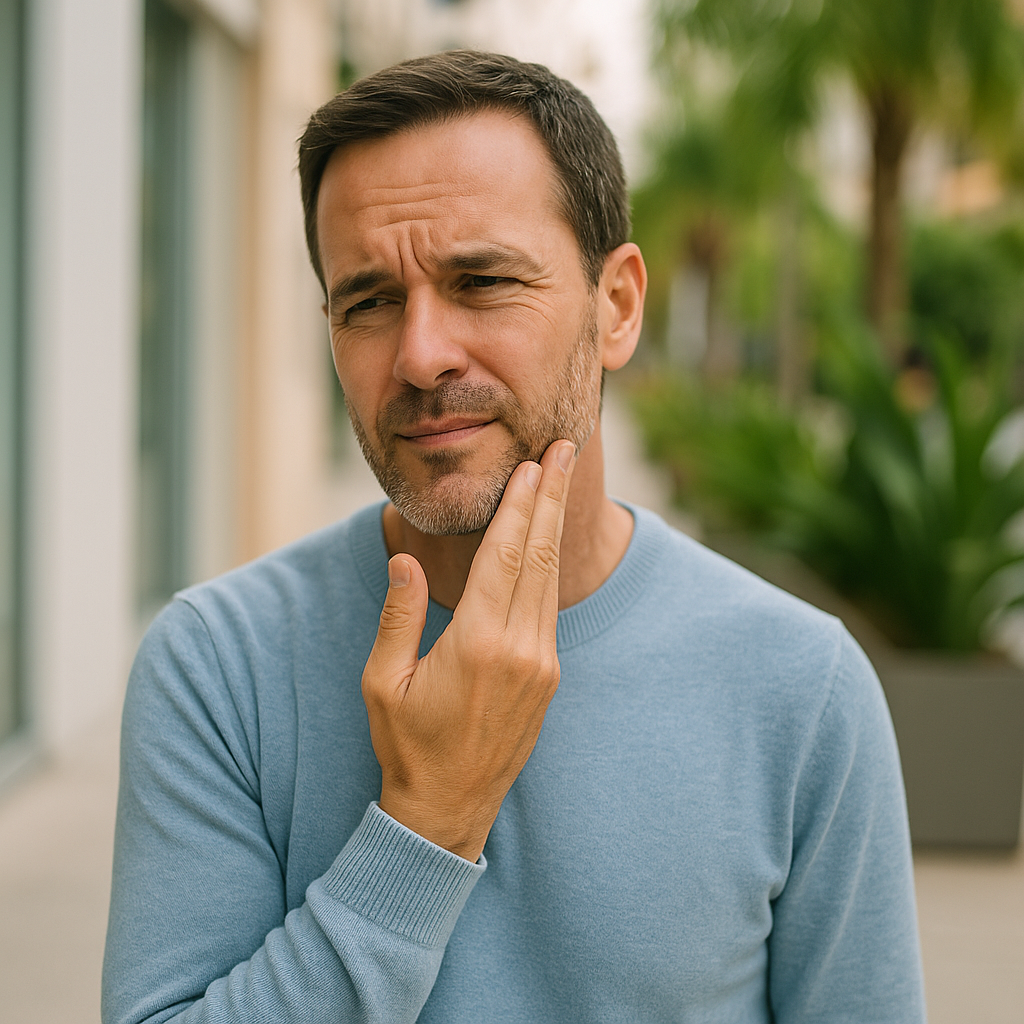 Abscesso dentário: cuidado e prevenção Abscesso dentário: o que é, as causas, como tratar e prevenir em cena humanizada de pessoa com leve desconforto buscando cuidado e alívio