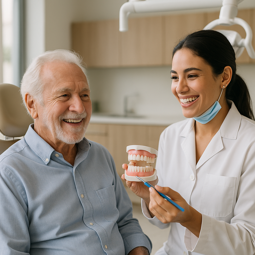 Idoso pode fazer implante dentário em Manaus Idoso pode fazer implante dentário? Cena em clínica odontológica moderna com atendimento acolhedor e avaliação de implantes em Manaus.