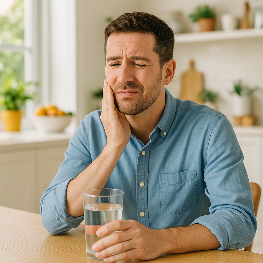 Sensibilidade nos dentes e seus cuidados Sensibilidade nos dentes: o que causa e os principais tratamentos em cena cotidiana com adulto sentindo leve desconforto ao beber água gelada