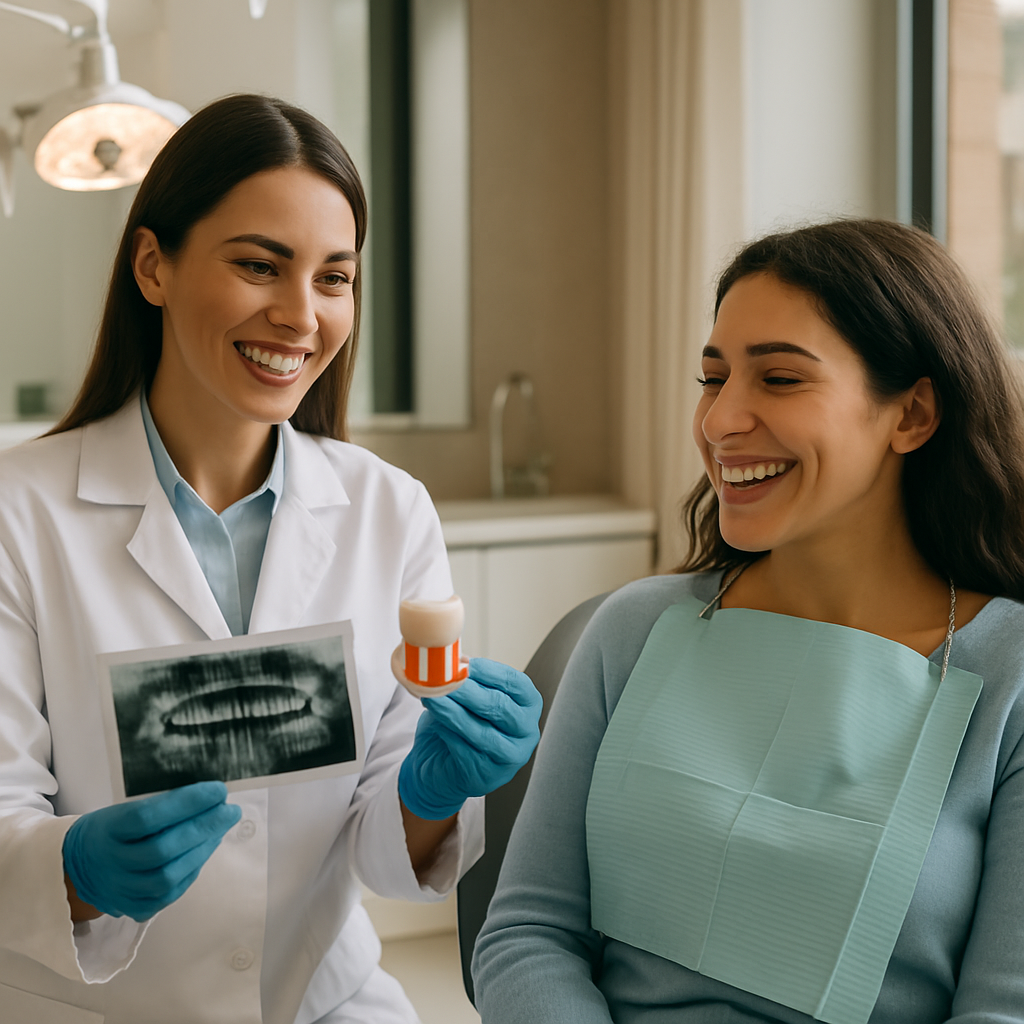 Implante dentário dente frente feito com planejamento Implante dentário dente da frente: como é feito? Ilustração de atendimento odontológico com foco em implante dentário dente frente feito