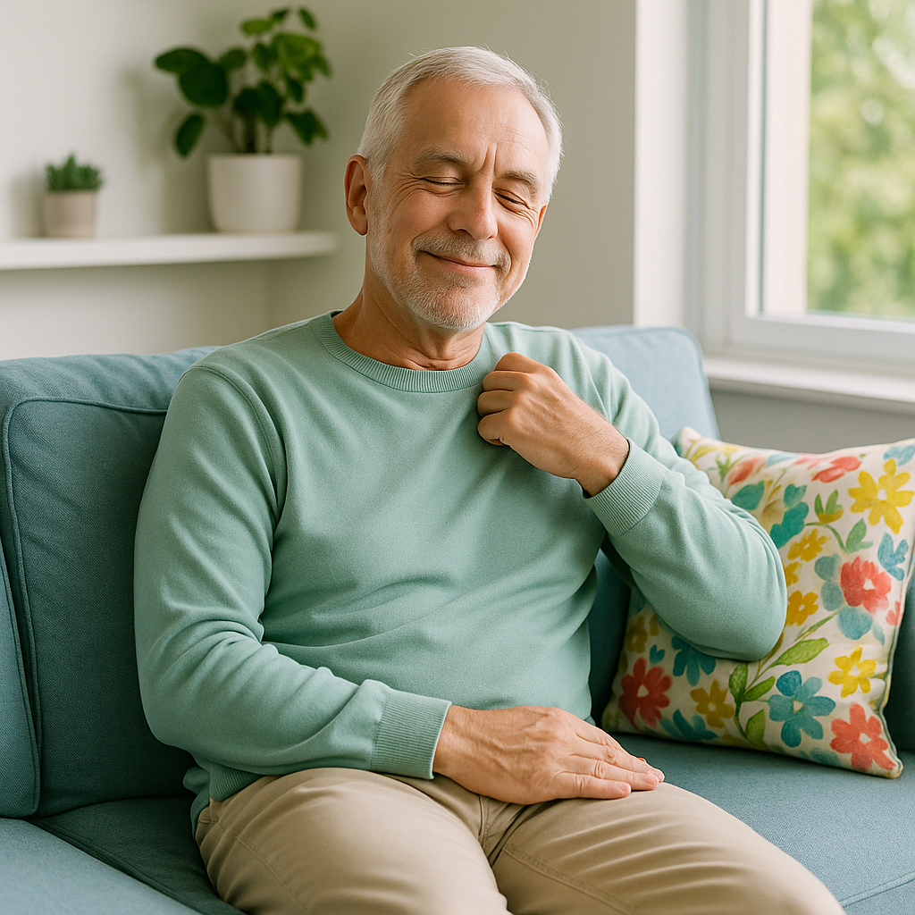 Repouso após implante dentário Quantos dias de repouso após implante dentário são necessários? Imagem de paciente adulto em momento de recuperação com sensação de conforto e tranquilidade