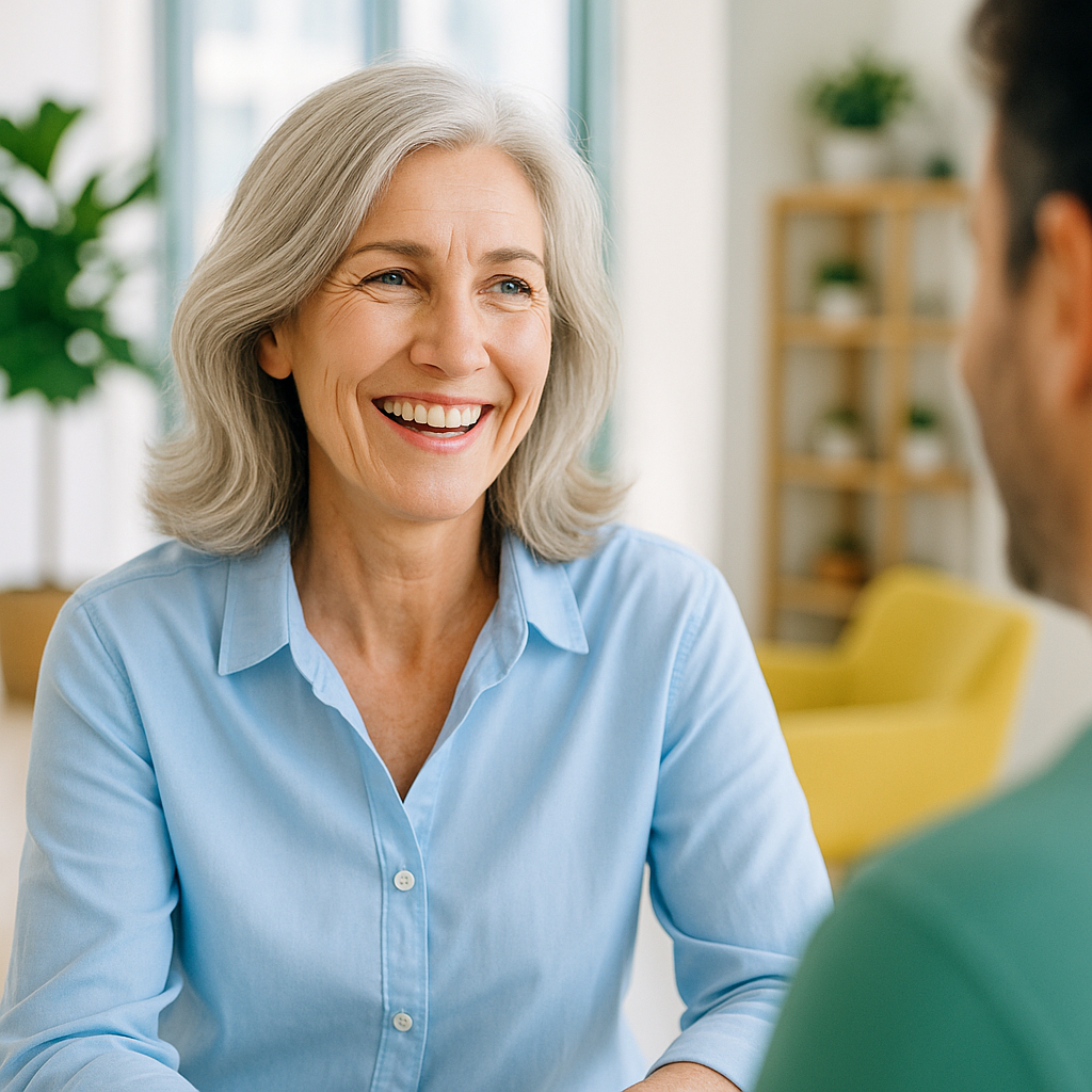Prótese Parcial Removível (PPR) e qualidade de vida Prótese Parcial Removível (PPR): quais os tipos e para que serve? Imagem de adulto em momento social confiante, representando conforto e qualidade de vida