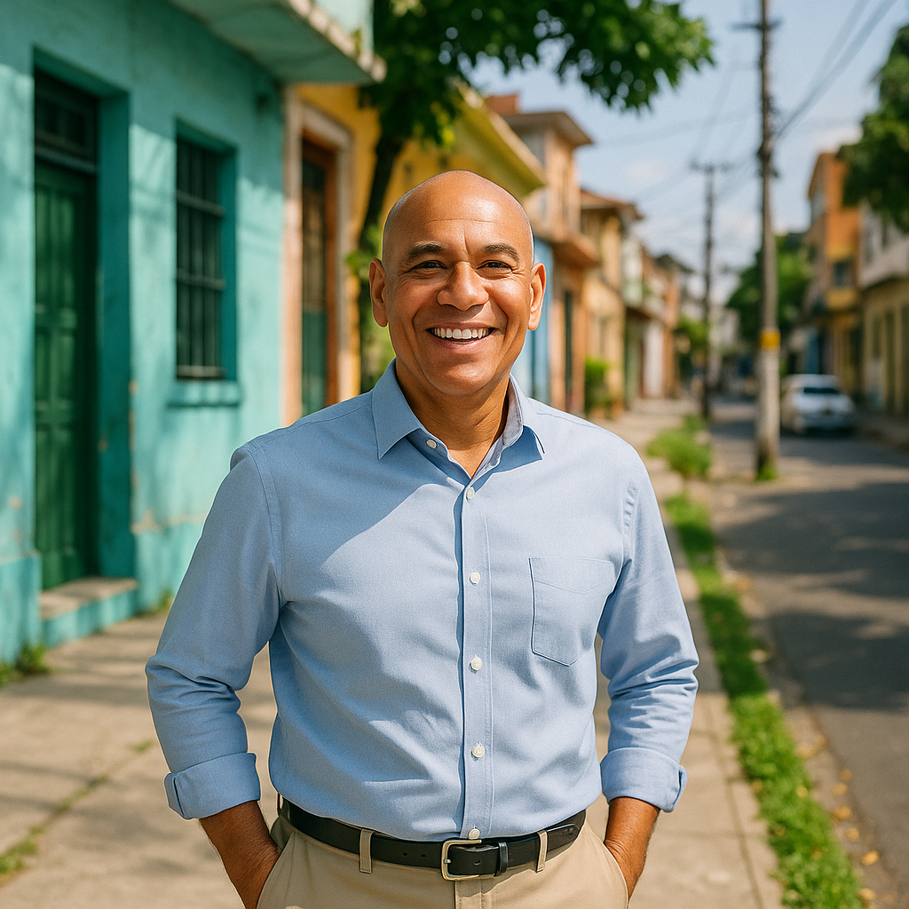 Implante dentário com planejamento e confiança Implante dentário parcelado em Manaus com adulto em momento confiante e cotidiano urbano, representando planejamento e segurança na escolha