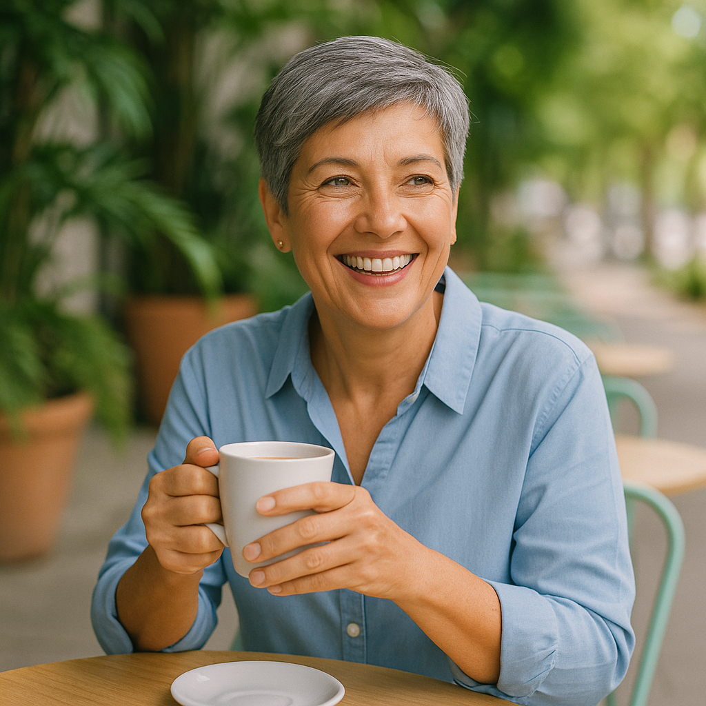 Prótese Dentária: guia completo e confiança Prótese Dentária: o nosso guia completo com adulto sorrindo em momento natural, representando confiança e qualidade de vida após reabilitação