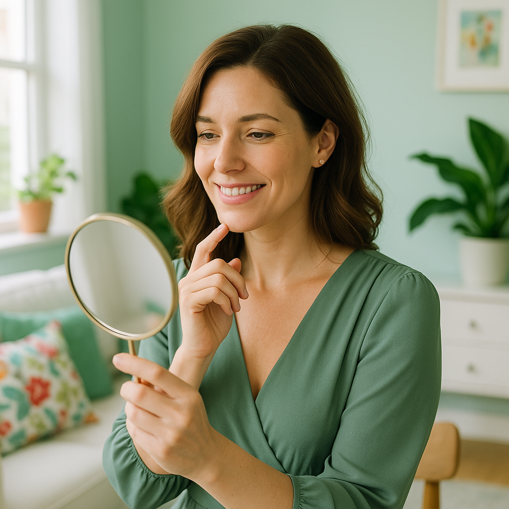 Lentes de contato dental e desgaste dos dentes É necessário desgastar os dentes ao colocar lentes de contato dental? Mulher avaliando o sorriso no espelho em momento de autocuidado