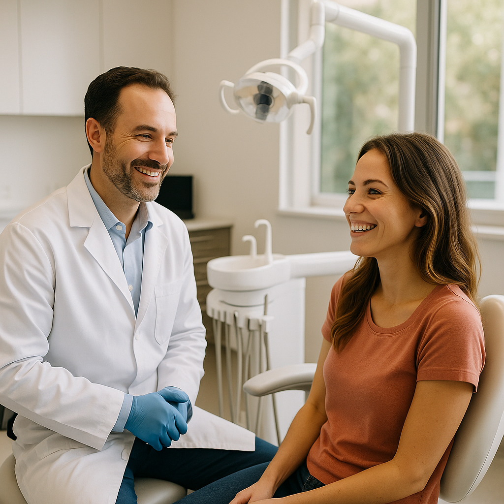 Implante dentário dói? Imagem de atendimento odontológico moderno com foco em implante dentário dói e acolhimento em clínica