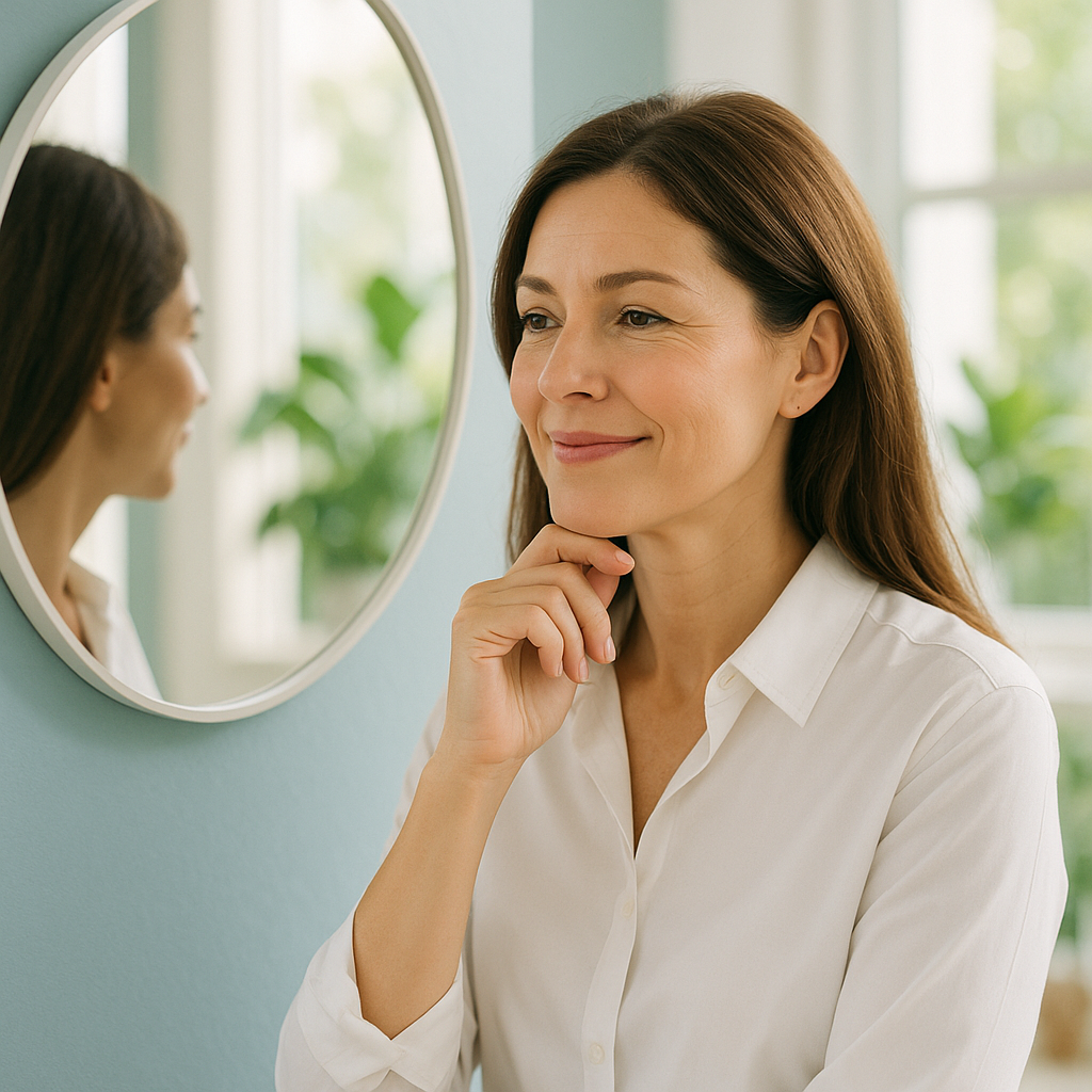 Lente de contato dental: mitos e verdades Lente de contato dental estraga os dentes? Mulher adulta refletindo sobre estética do sorriso em ambiente moderno e iluminado